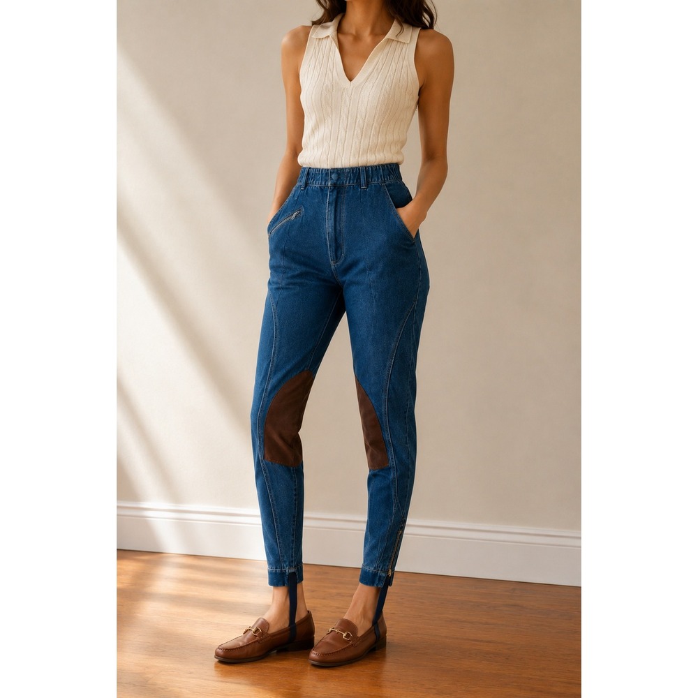 Vintage 90s Equestrian Stirrup Jeans 2P Knee Patch Preppy Old Money Riding Pants